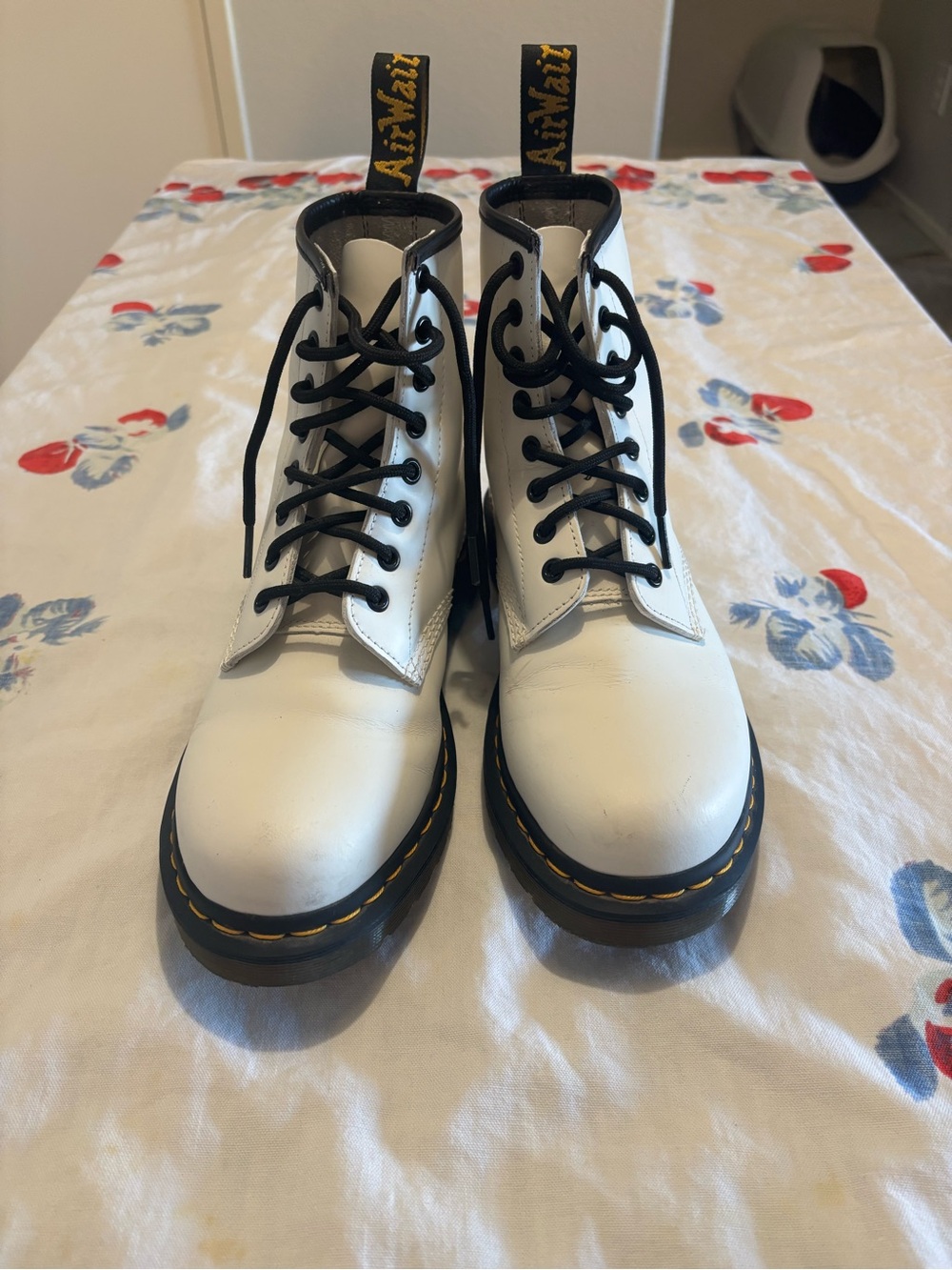 Dr. Martens White Leather 8-Eye Lace-Up Boots with Yellow Stitching